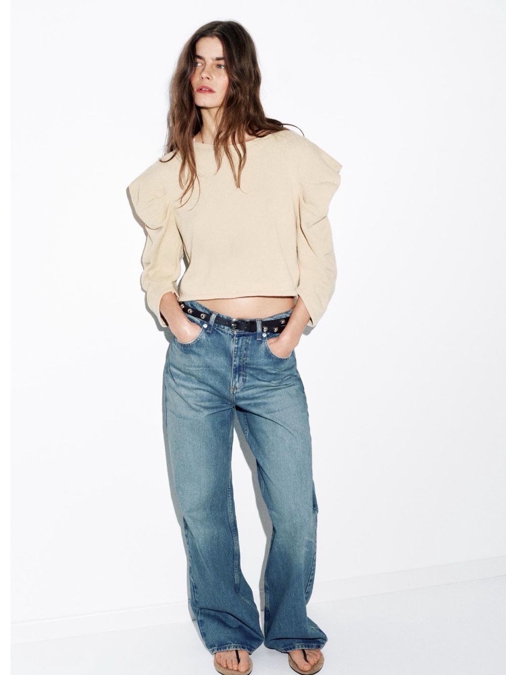 NWT Zara Women’s draped sleeve knit Sweater sand/marl Medium 3/4 sleeve